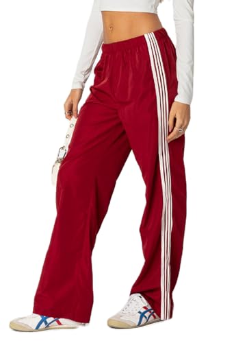 Women Side Striped Athletic Pants Wide Leg Elastic Waist Baggy Jogger Sweatpants Straight Leg Track Pants Streetwear (Red, M)