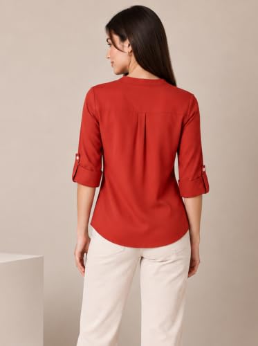 Image of FYLTR Women's Casual Roll -Up Sleeves Rayon V-Neck Top - Western Tops | Shirts for Women | Soft & Comfortable | Tops for Jeans