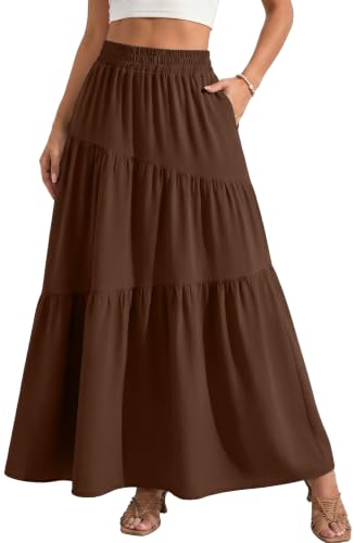 GRECERELLE Women's Floral Maxi Skirts Tiered A-Line High Waist Flowy Long Skirt Casual Summer Bohemian Dress with Pockets, Brown, 2XL