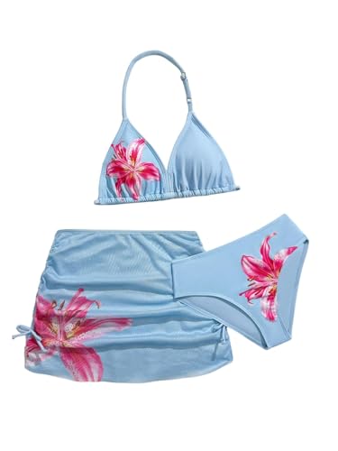 Image of RoseSeek Girl's 3 Piece Cute Bowknot Bathing Suit Halter Triangle High Waisted Swimsuit with Beach Cover Up Skirt