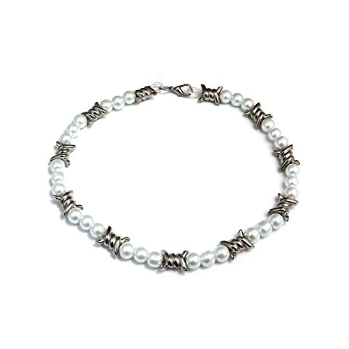 Punk Thorns Necklace Metal Chain Safety Obtuse Padlock Pearl Necklace Hiphop Rock Jewelry For Men Boys-With Pearl #TOP4