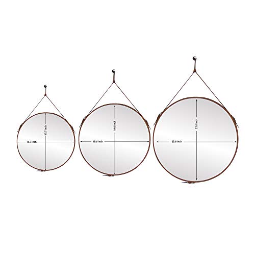 Gurfuy Round Hanging Mirror With Pu Leather Strap Hanger Leather Framed Mirror For Home Decor Wall Mounted Large Circle Hanging Mirror For Entryway Bathroom Living Room Bedroom Washroom (Brown-24Inch) #TOP1