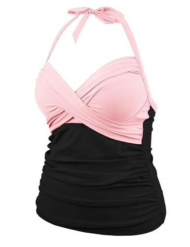 Hilor Womens Swimsuits Plus Size Tankini Bathing Suit Tops Underwire Tummy Control Swim Tops Front Twist Swimwear Top Pink&Black 18