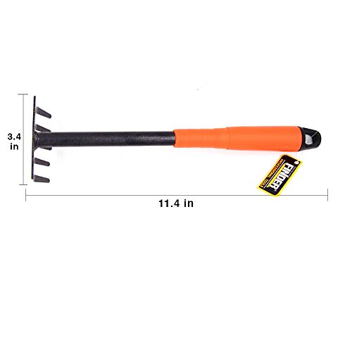 Finder Garden Hand Rake, Steel Garden Cultivator Tools Portable Black and Orange Small Rake with Anti-Rust Comfortable Handle and 5 Tines, Mini Flower Rake 290mm for Planting