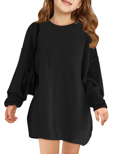 Image of Haloumoning Girls Sweater Dress Casual Crewneck Knit Long Sleeve Fall Winter Dress Pullover 5-14Y