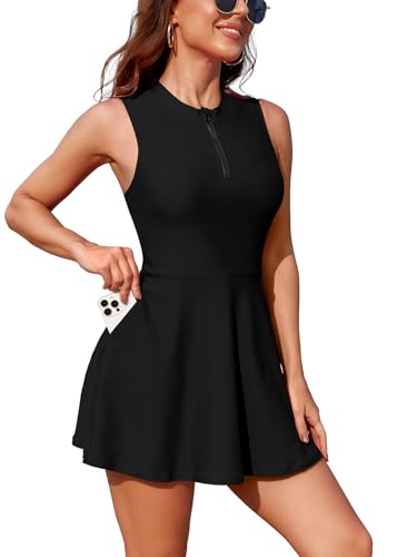 SHEKINI Womens Tankini Sets High Neck Two Piece Swim Dress Zip Front Bathing Suit Sporty Swimsuit Swimwear (Black, Medium)