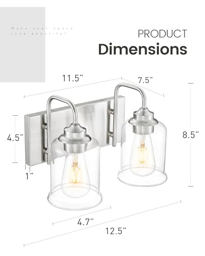 Image of zeyu 12.5 Inch Modern Bathroom Vanity Light Fixtures, 2-Light Wall Mirror Light for Bathroom, Brushed Nickel Wall Sconces with Clear Glass Shade, ZSL72B-2W BN