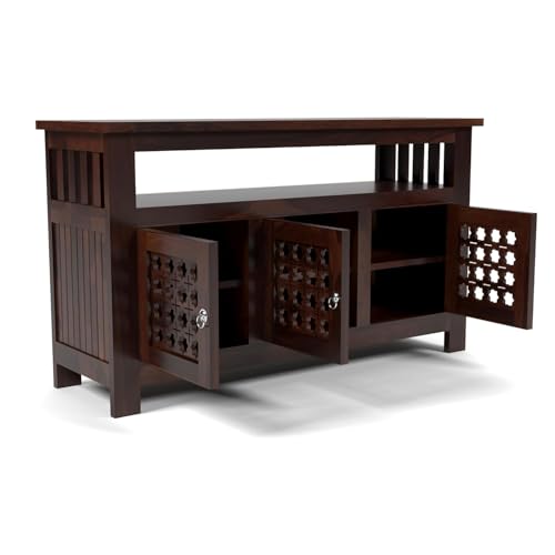 Image of Solid Sheesham Wood Wooden Sideboard Storage Cabinet & Chest of Drawer : Ideal for Living Room and Bedroom with 3-Shelf Storage (Hurtado, Walnut Finish)
