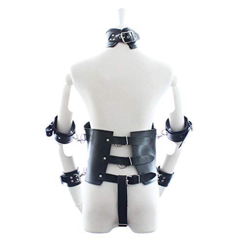 Hanyi Kunstleder Damen Body Harness mit Leder Handschellen Einstellbar Fetisch Offene Korsett Brust Körperharness SM Bondageset (Schwarz)