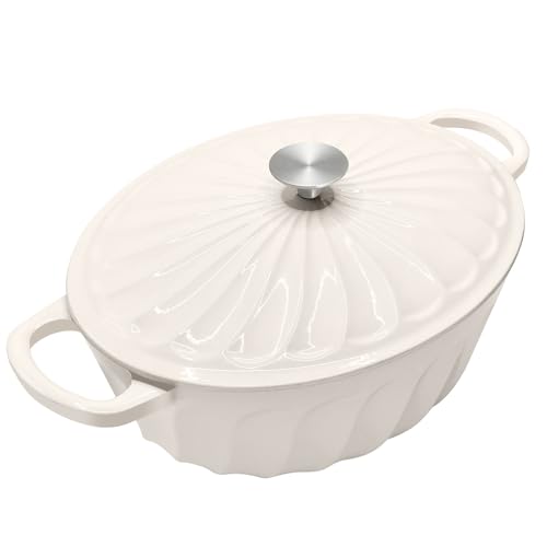 NSIRONS Enameled Oval Dutch Oven Pot with Lid, 7 QT Cast Iron Dutch Oven with Dual Handles for Bread Baking, Cooking, Frying, Non-stick Enamel Coated Oven (White)