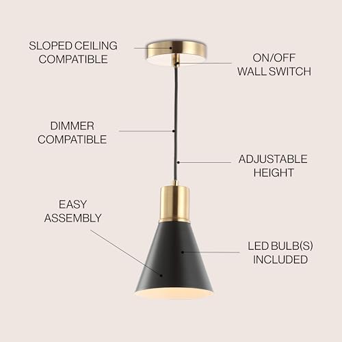 Image of JONATHAN Y Apollo Mid-Century 1-Light Pendant 6 inch, Black /Brass Gold | Modern, Adjustable Height, Metal Cone Shade, Kitchen Island, Hallway, UL Listed, Slope-Compatible, LED Bulb Included