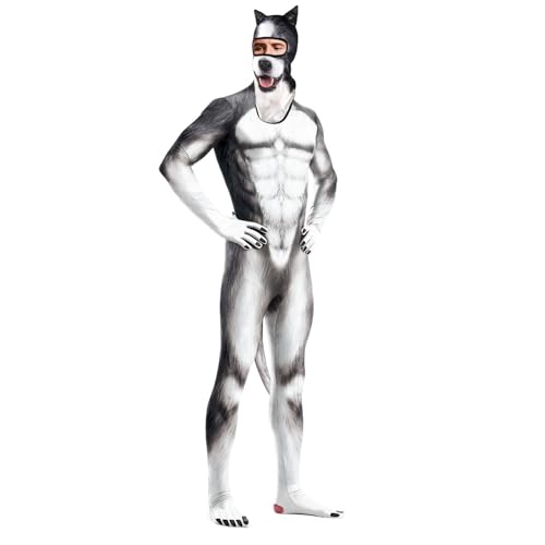 Image of Men's Animal Bodysuit Costume with Big Tail Print Petsuit Spandex Furry Jumpsuit Cosplay Halloween Party