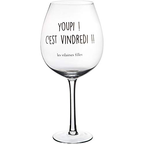 Les Vilaines Filles 38-VF-028 Verre à vin XL Carafe Verre à Pied géant 75cl Youpi C'est vindredi Transparent et noir Verre D12 x H25,5 cm