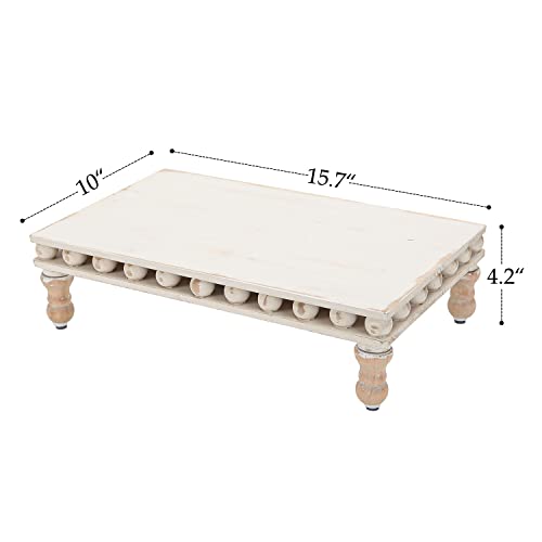 Nikky Home Beaded Wood Pedestal Stand Display Riser For Kitchen Counter, Farmhouse Rustic Wooden Decorative Tray, Centerpiece Decor For Coffee Bar Table, Dining Room - Distressed White #TOP5