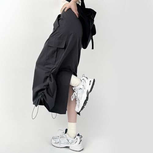 Women High Waist A Line Cargo Long Skirt with Flap Pockets Ruched Drawstring Back Split Long Skirts Streetwear Black4