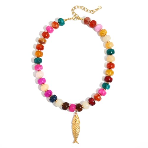 WOWORAMA Colorful Beaded Necklace for Women Chunky Gold Fish Pendant Necklaces Boho Summer Statement Necklace Beach Vacation Jewelry