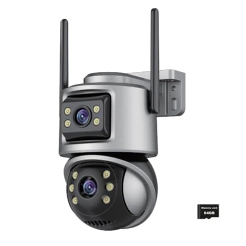 Camara Vigilancia WiFi Exterior Doble-Lente, Camaras de Vigilancia sin Cables Cámara IP PTZ 6MP con Tarjeta TF 64GB Pantalla Dual Visión Nocturna Color Seguimiento Automático Audio Bidireccional IP66