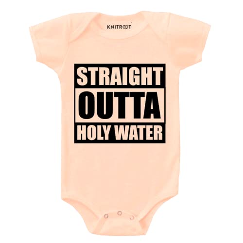 KNITROOT Baptism Special, Straight Outta Holy Water, Onesies, Unisex Baby Kids Cotton Lycra Half Sleeve Peach Rompers, Sleepsuit, Bodysuit, 0-12 Months, Infant Cloths for Boys & Girls