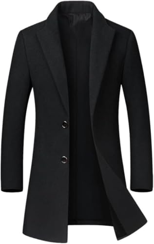 Otoño Invierno Gabardina De Lana Hombres Slim Fit Chaqueta De Lana Mediana Larga Hombres Abrigo Informal De Un Solo Pecho,Negro,M
