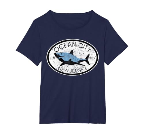 Ocean City New Jersey Fishing Shark Fish Beach Boating NJ T-Shirt, Women's Plus, Navy Blue, 1X