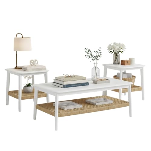 Calais Solid Wood Coffee Table and End Tables Set of 3, White