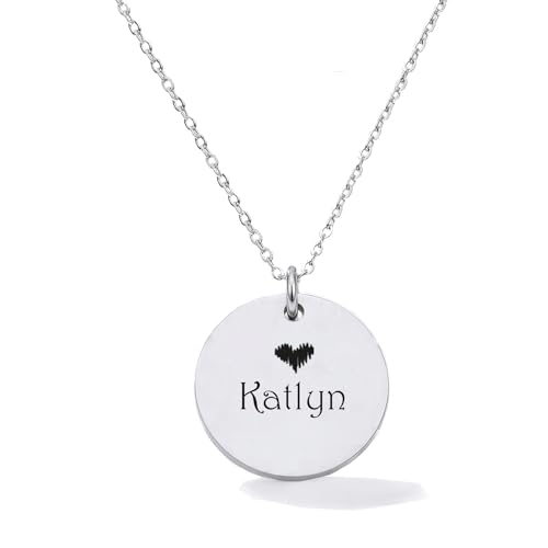 HUAN XUN Personalized Engraved Katlyn Name Necklace for Women, Customizable Stainless Steel Double-Sided Custom Heart Initial Disc Pendant Jewelry with Birth Month Flower Necklace for Mother Day Christmas