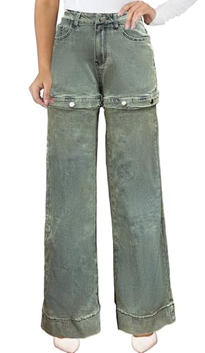 IbuduSexy Women's Mid Waisted Wide Leg Distressed Jeans Ripped Retro