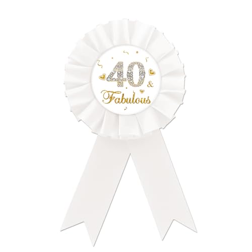 Image of White 40 & Fabulous Tinplate Badge, Gold Glitter Happy 40th Birthday Button Pin, Birthday Rosette Badge Pin for Women, Brooch Buttons for Forty Birthday Party