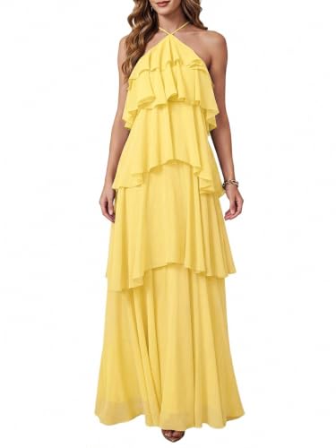 SOLY HUX Women's Wedding Guest Dress Sundresses Ruffle Layered Halter Backless Flowy Formal Maxi...