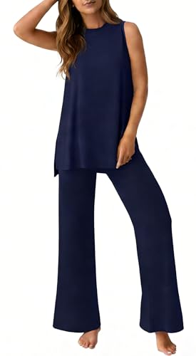 PrinStory Womens Pajamas Sets Lounge Sets for Women Sleeveless Pajama Set 2 Piece Pjs Soft Loungewear with Pockets Navy Blue-L