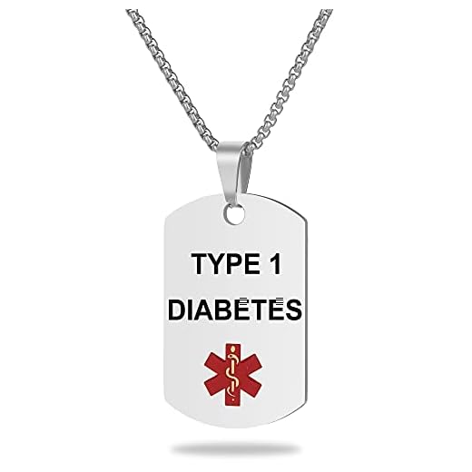 UNICGIFT Medical Alert ID Necklace, Laser Engraved TYPE 1 DIABETES, Stainless Steel Tag Pendant with 23.6 inch Chain for Men Women Diabetic Emergency First Aid