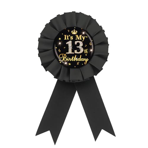 It's My 13th Birthday Tinplate Badge Pin, Gold Diamond Happy 13th Birthday Button Pin, Thirteen Birthday Black Rosette Award Ribbon Pin for Girl, Brooch Buttons for 13 Years Old Birthday Party Decoration