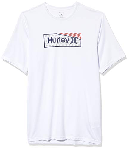 Hurley Men's One & Only Stars and Stripes Short Sleeve Sun Protection Rashguard Shirt, White, M