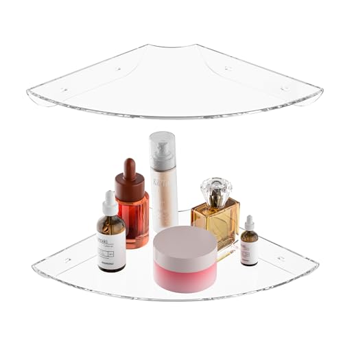 Sezanrpt 9.5x9.5 Inch Acrylic Corner Floating Shelf Set of 2, Clear Corner Wall Shelf for Home Décor, Speakers, Security Cameras, Toileries, Plants, Figures, Cosmetics, Books