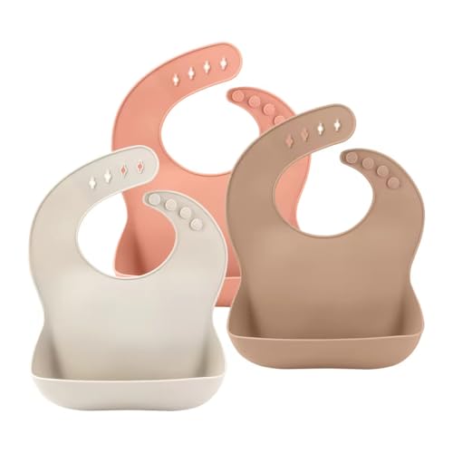 Set of 3 Silicone Baby Bibs with Food Catcher – Waterproof, Soft & Adjustable Feeding Bibs for Babies & Toddlers (10-72 Months, Unisex, Sand/Muted/Grey)