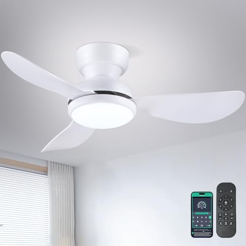 Kviflon 36 Inch Modern Ceiling Fans with Lights, Small Flush Mount Ceiling Fan with Light and Remote/APP Control, 3 Reversible 6 Speeds Curved Blades, 3 CCT Dimmable Lights for Bedroom, White