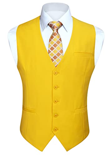 Image of HISDERN Men's Formal Waistcoats Wedding Party Cotton Waistcoat Solid Color Vest,Yellow,M(Chest 41.7 inch)