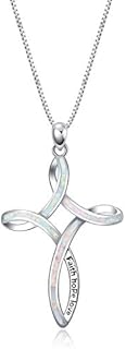 WINNICACA Celtic Knot Necklace Sterling Silver Created Opal Love Knot Pendant Necklaec Jewellery Gifts for Women,Engraved 'faith hope love' at the Celtic Cross Necklace