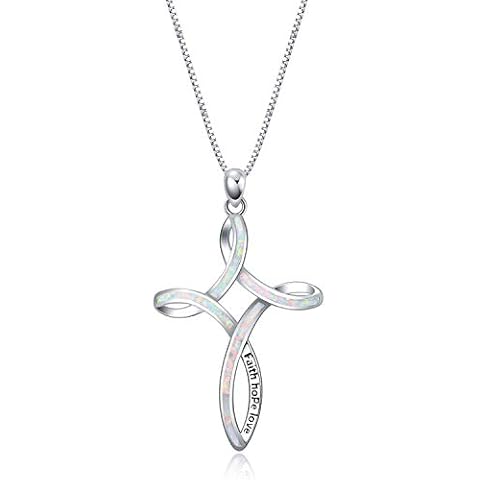 WINNICACA Celtic Knot Necklace Sterling Silver Created Opal Love Knot Pendant Necklaec Jewellery Gifts for Women,Engraved 'faith hope love' at the Celtic Cross Necklace Cover