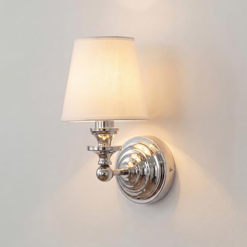 Image of Antique Linen Shade Wall Sconce- Brass Finish Base and Conical Fabric Shade Wall Light Fixture for Bathroom, Bedroom, Dining Room and Entryway(6.5 inch D x 11.5 inch H Chrome)
