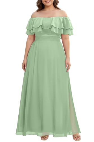 Image of Pinup Fashion Plus Size Formal Bridesmaid Wedding Guest Chiffon Long Dress | Chiffon, off-the-shoulder neckline, layered ruffles, ruched elastic waist, floor-length, evening party, wedding guest