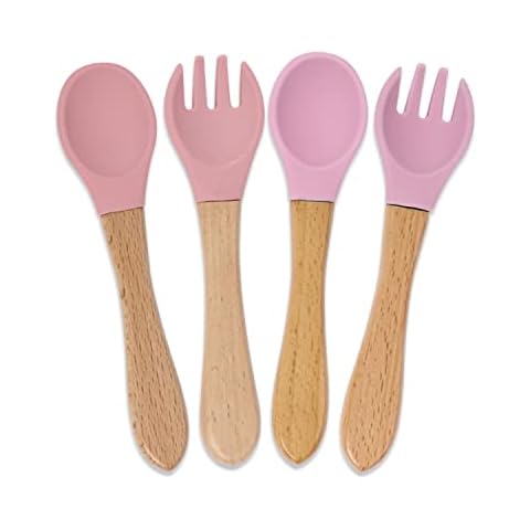 GODR7OY Baby Weaning Spoon and Fork Set, Soft Silicone Baby Spoon and Fork, Silicone Baby Self-Feeding Utensils - 4 Pack (Sakura) Cover