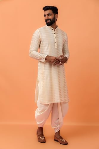 Kisah Men Pearl White Geometric Embellished Kurta Full Sleaves, Knee Length, Straight, Regular Fit, Mandarin Collar Ethnic Wear