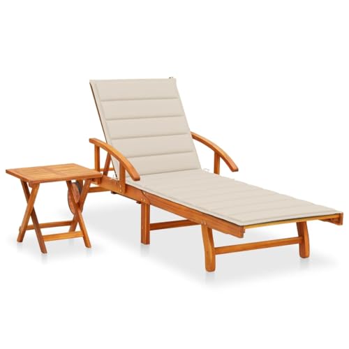 WIOXZS Tumbona de jardín de madera con mesa y cojín beige, tumbona plegable para jardín, terraza o balcón, diseño moderno y práctico, 200 x 67 x 85 cm