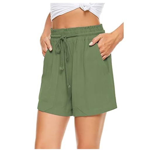 SMENG Dam solid färg dragsko shorts med fickor lösa avslappnade byxor, D-grön, L