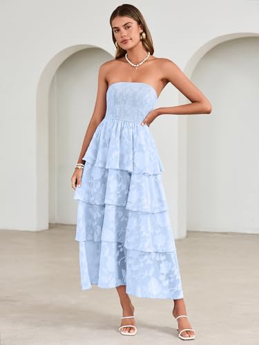 Image of Simplee Womens Summer Strapless Maxi Dress 2026 Boho Floral Off Shoulder Wedding Guest Dresses Tiered Beach Long Sundress