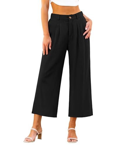GRAPENT Wide Leg Capri Pants for Women High Waisted Linen Flowy Pleated Capris Cropped Trousers Pants Dressy Casual
