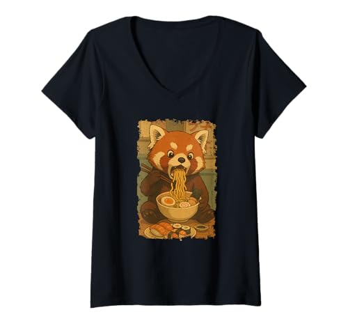 Womens Small Red Panda Eats Ramen Noodles Japanese Vintage V-Neck T-Shirt