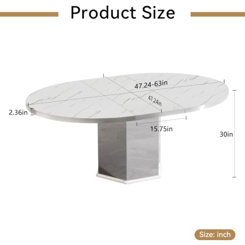 Image of 47 inch-63 inch Extendable Dining Table for 4 6, Modern White Expandable Kitchen Table, Round to Oval Dining Room Table with Mirrored Pedestal for Dining Kitchen Living Room