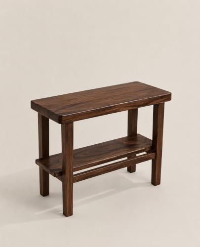 Image of Solid Sheesham Wood Side Table with Storage Shelf, Modern End Table for Living Room & Bedroom, Walnut Finish
